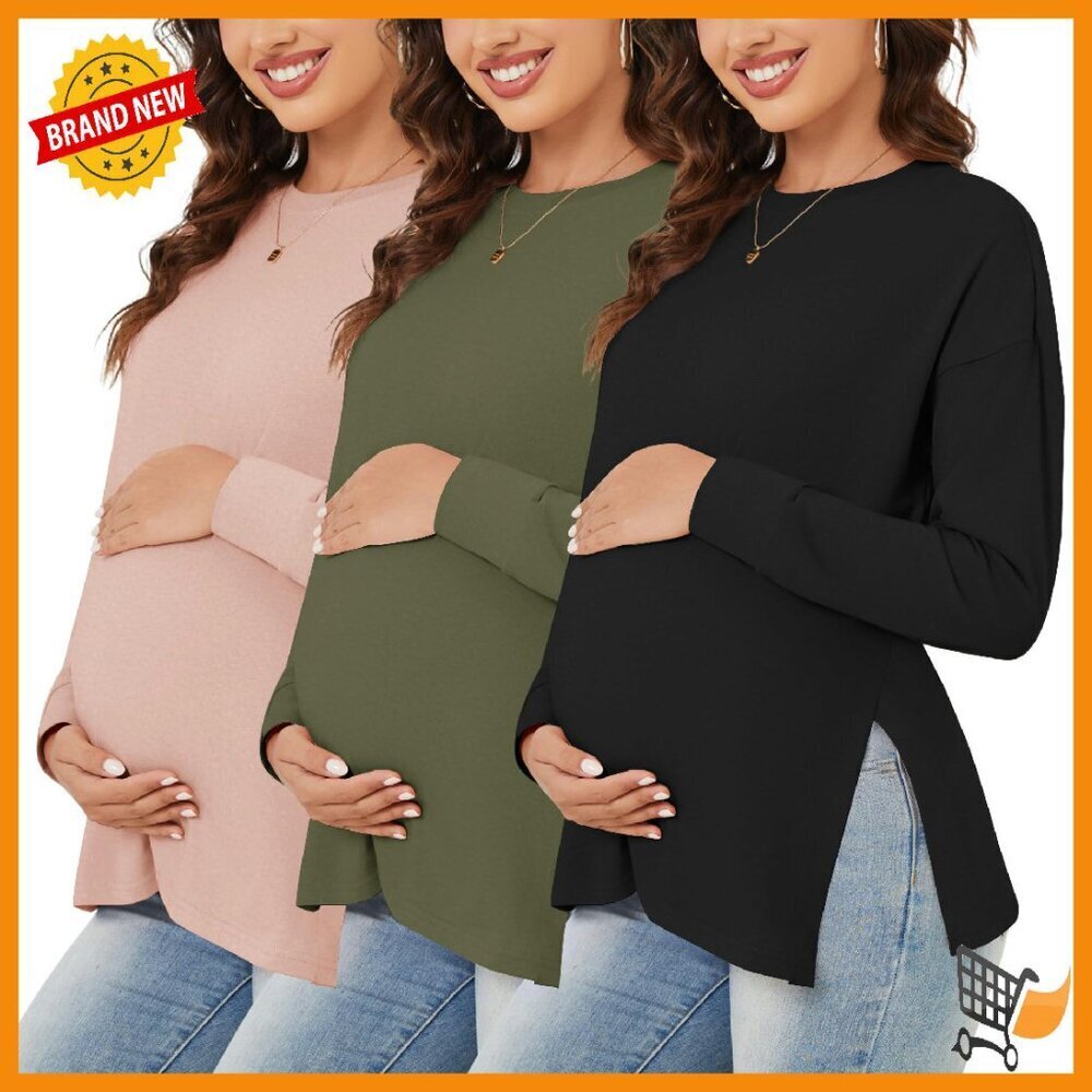 Maternity Long Sleeve Side Ruched Tops 3-Pack Soft Stretchy Fabric